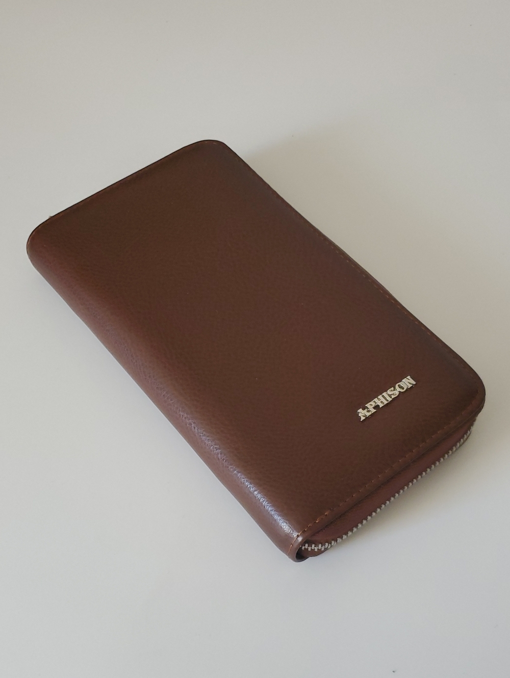 Unisex Brown Faux Leather Zip Long Wallet Silver Hardware Multicard Holder